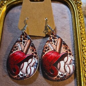 Baseball Themed  Leather Teardrop Earrings NWT